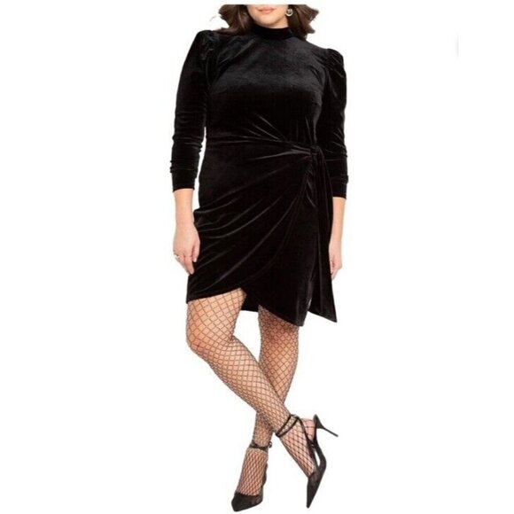 Eloquii Womens Plus Size 26 Black Stretch Velvet Short Dress Wrap Cocktail - Picture 1 of 9